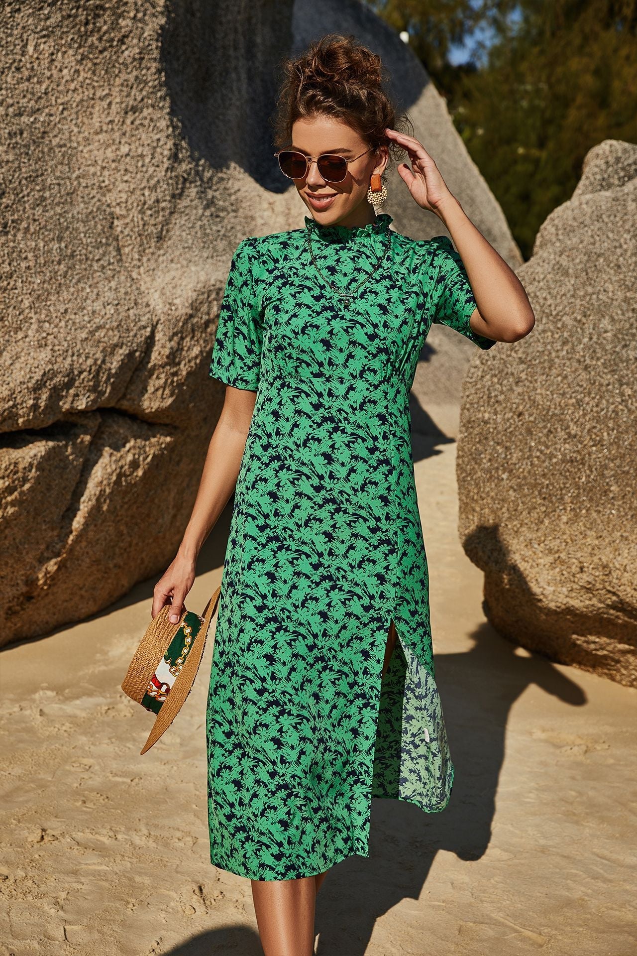 Summer Women Clothing Slimming Sheath Slit Slim-Fitting Floral Short Sleeve Vacation Large Swing Dress
