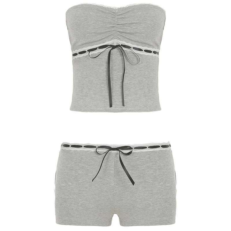 Lace Bow Casual Comfortable Short Homewear Pajamas Modal Tube Top Shorts Set