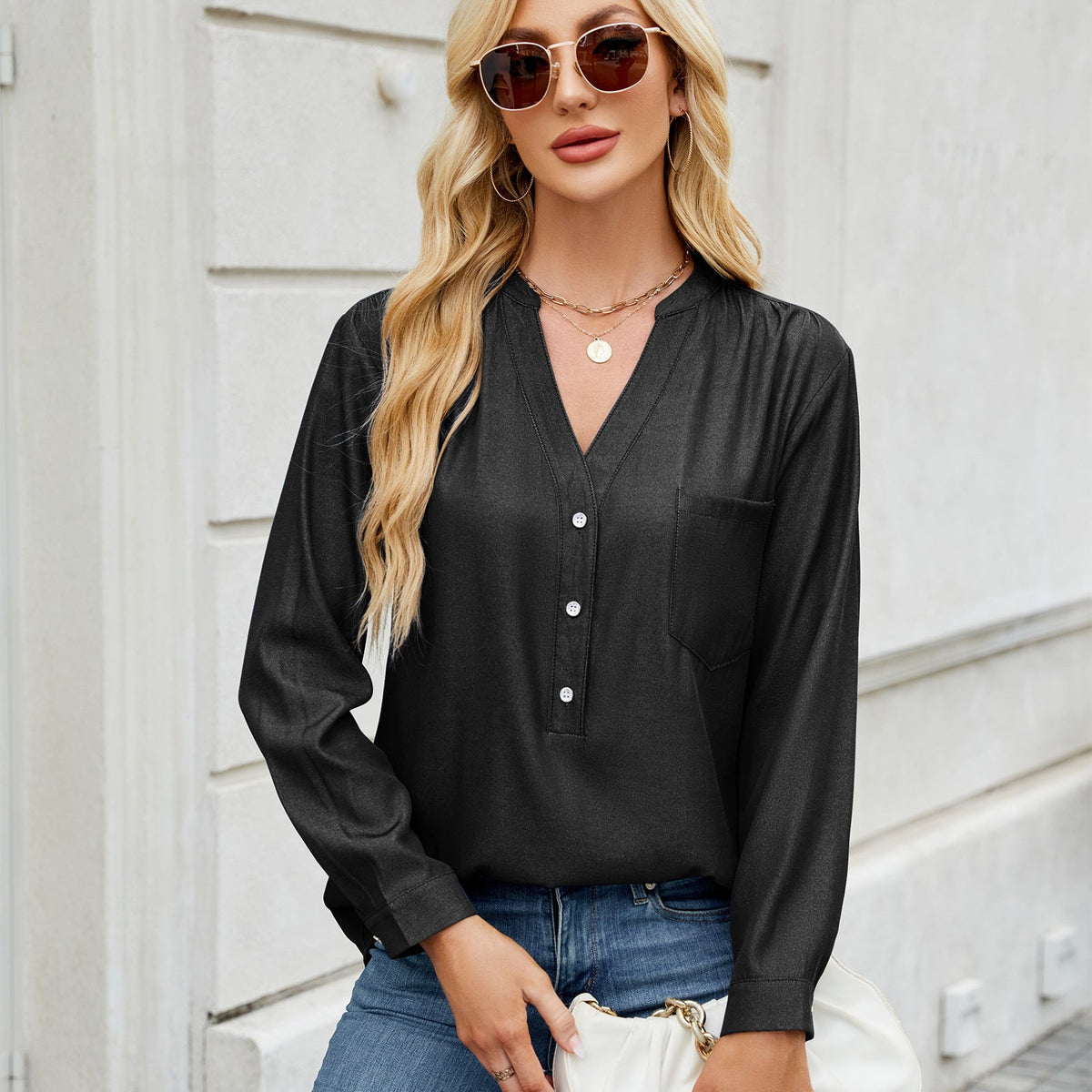 Women Spring Summer V neck One Breasted Imitation Denim Long Sleeve Shirt Top