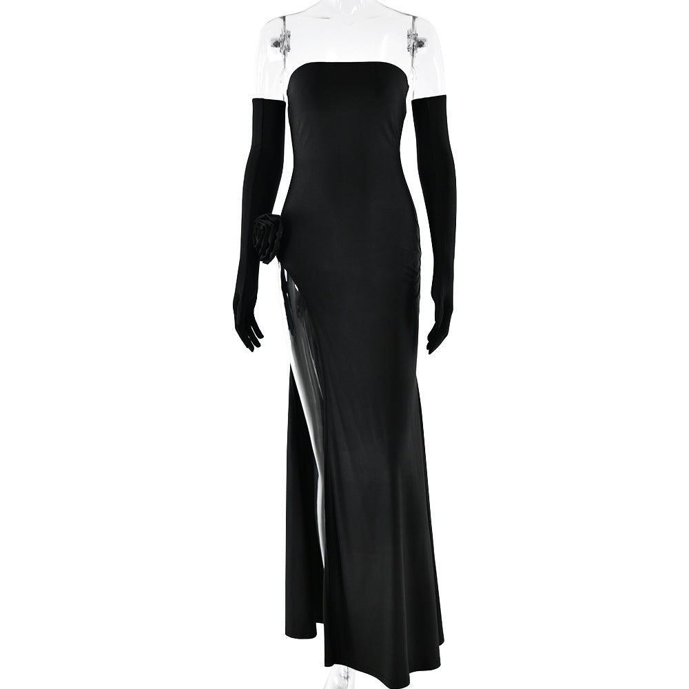 Women Clothing Dress Sexy Tube Top Inlay Sleeveless Split Backless Dress