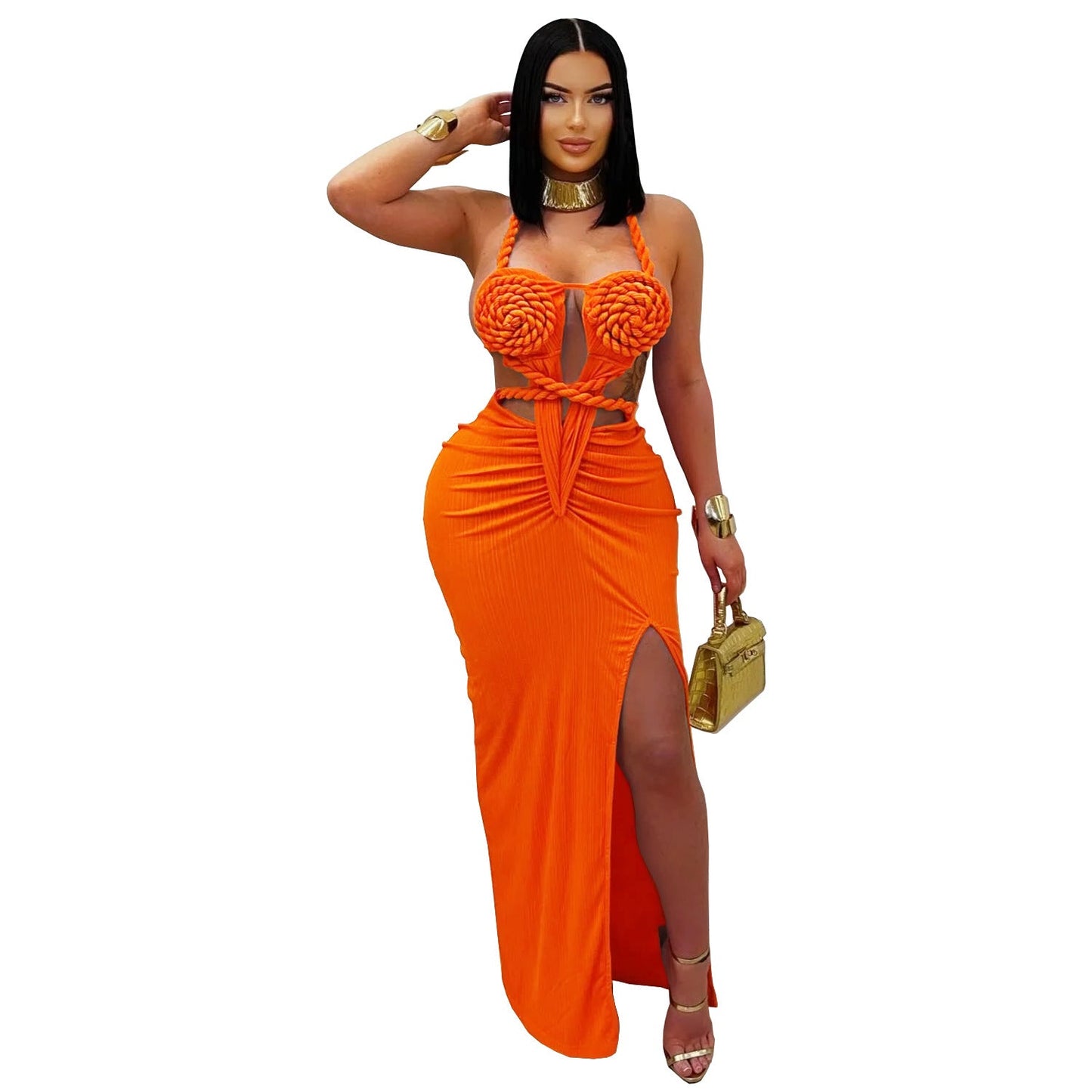 Women Wear Sexy Knitted Halter Backless Solid Color Dress