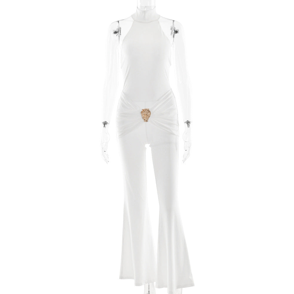 Summer Half Turtleneck Women Jumpsuit Sexy Backless Sleeveless Slim Fit Bodysuit