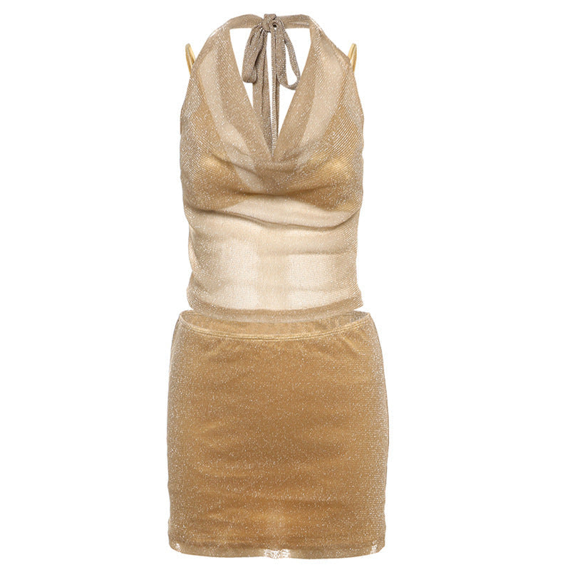 Spring Summer Women Clothing Sexy Inner Wear Solid Color Shiner Halter Top Hip Skirt Three Piece Sets