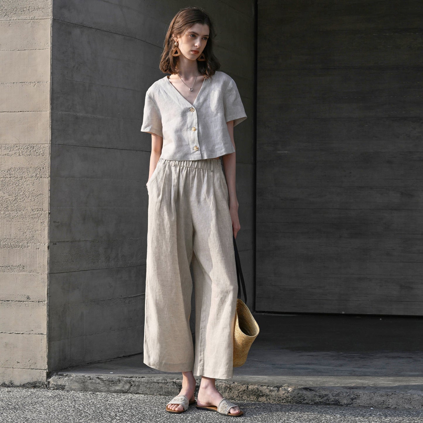 Pure Linen Casual Pants Women Summer Comfort Breathable Trousers Casual Elastic Waist Straight Leg Pants