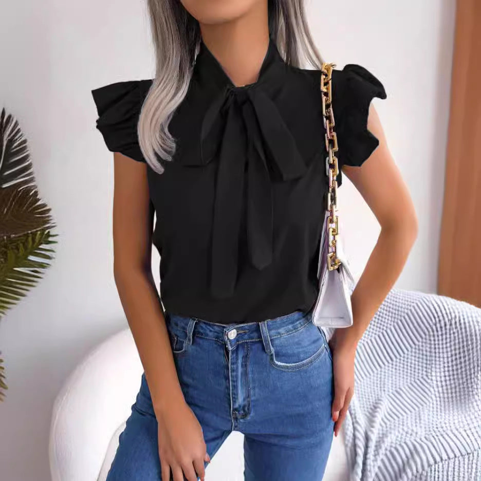 Summer Women Solid Color Stringy Selvedge Lace up Bow Shirt Top