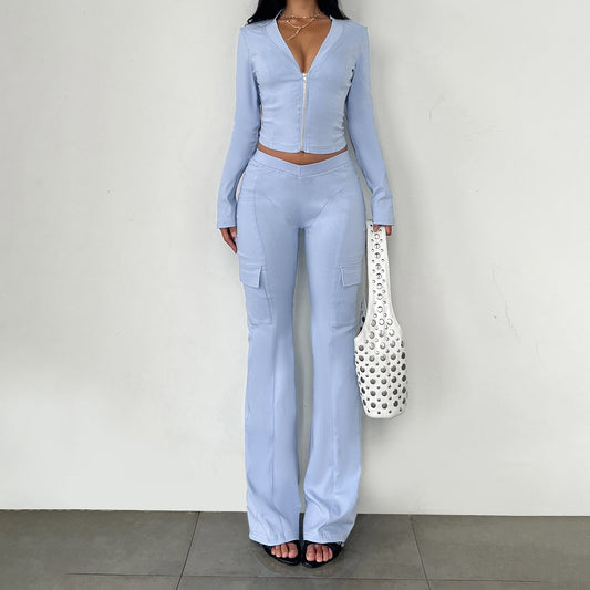 Casual Sports Two Piece Sets Women Knitted V neck Long Sleeve Tight Split Zipper Sweatshirt Sweatpants