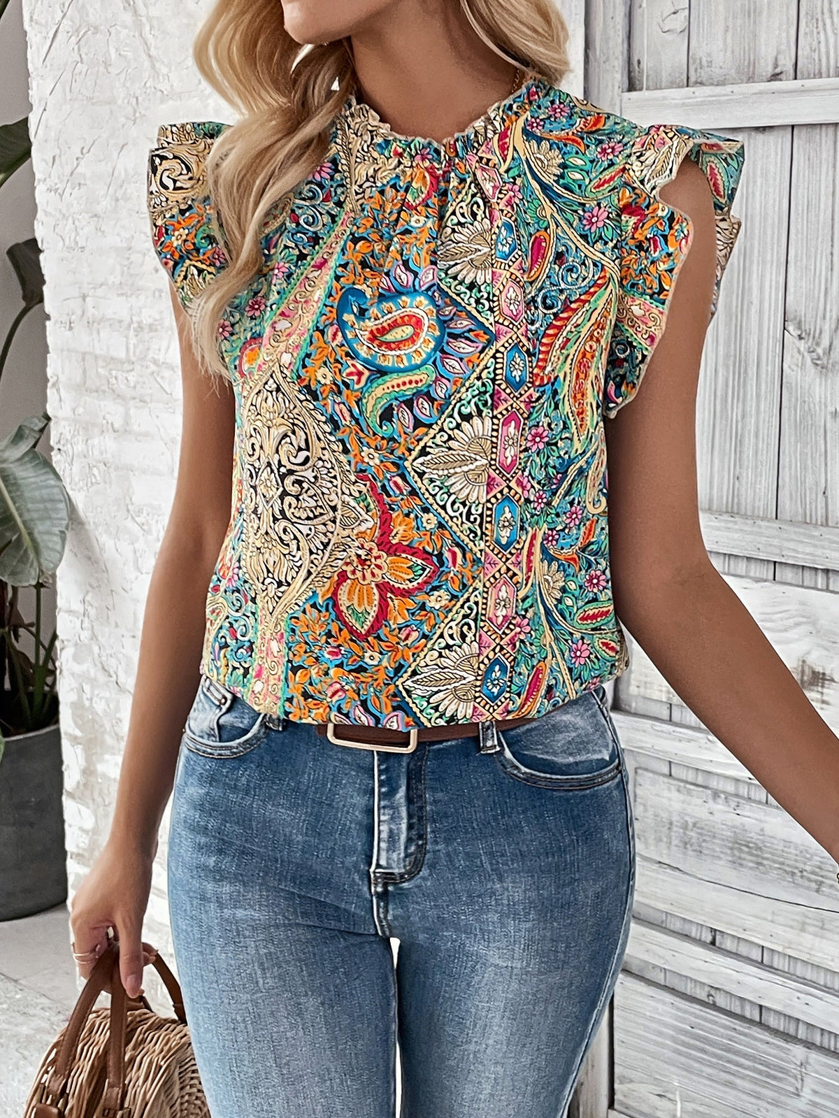 Summer Women Retro Ethnic Printed Short Sleeved Top Butterfly Sleeve