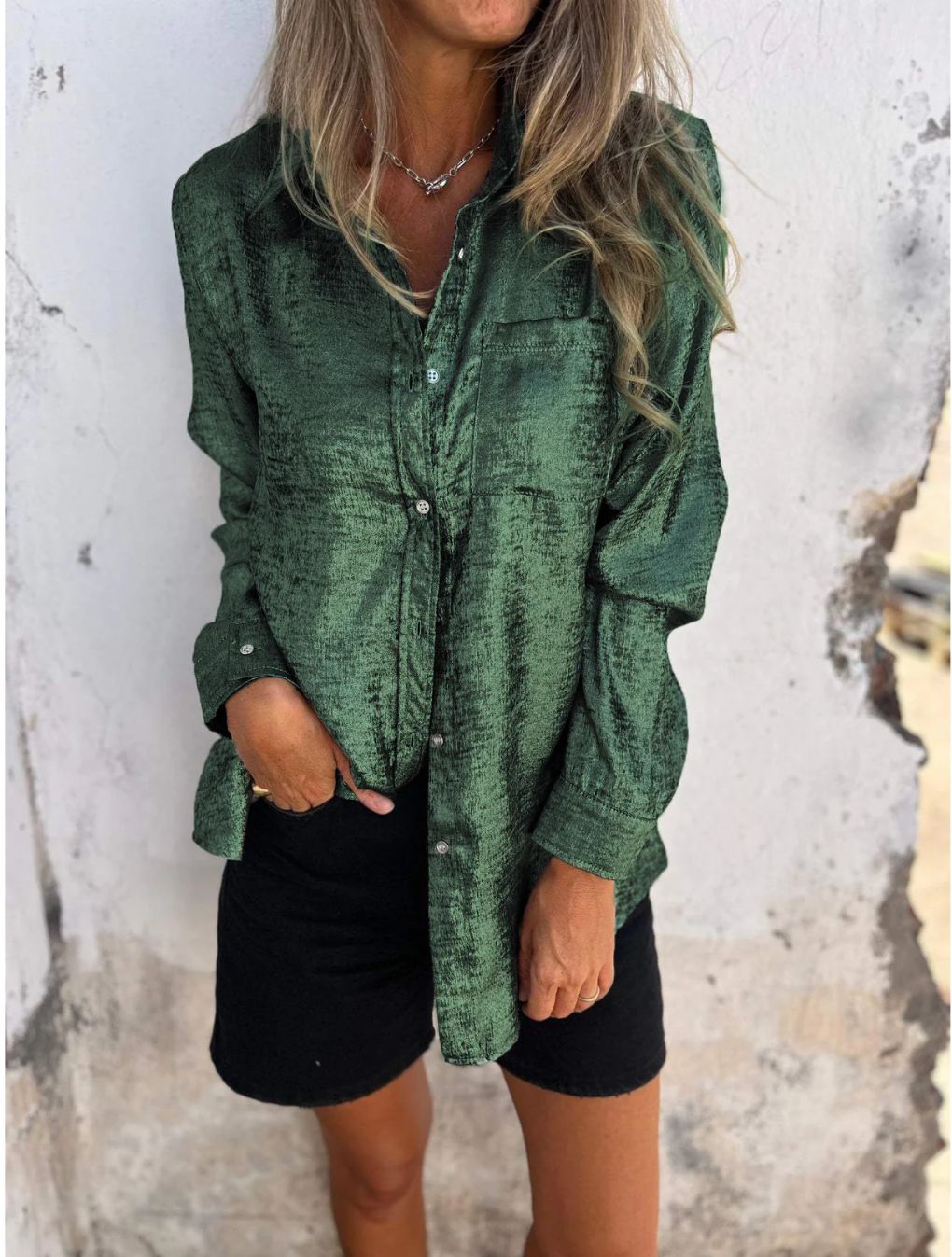 Spring Women Clothing Casual Suede Polo Collar Shirt