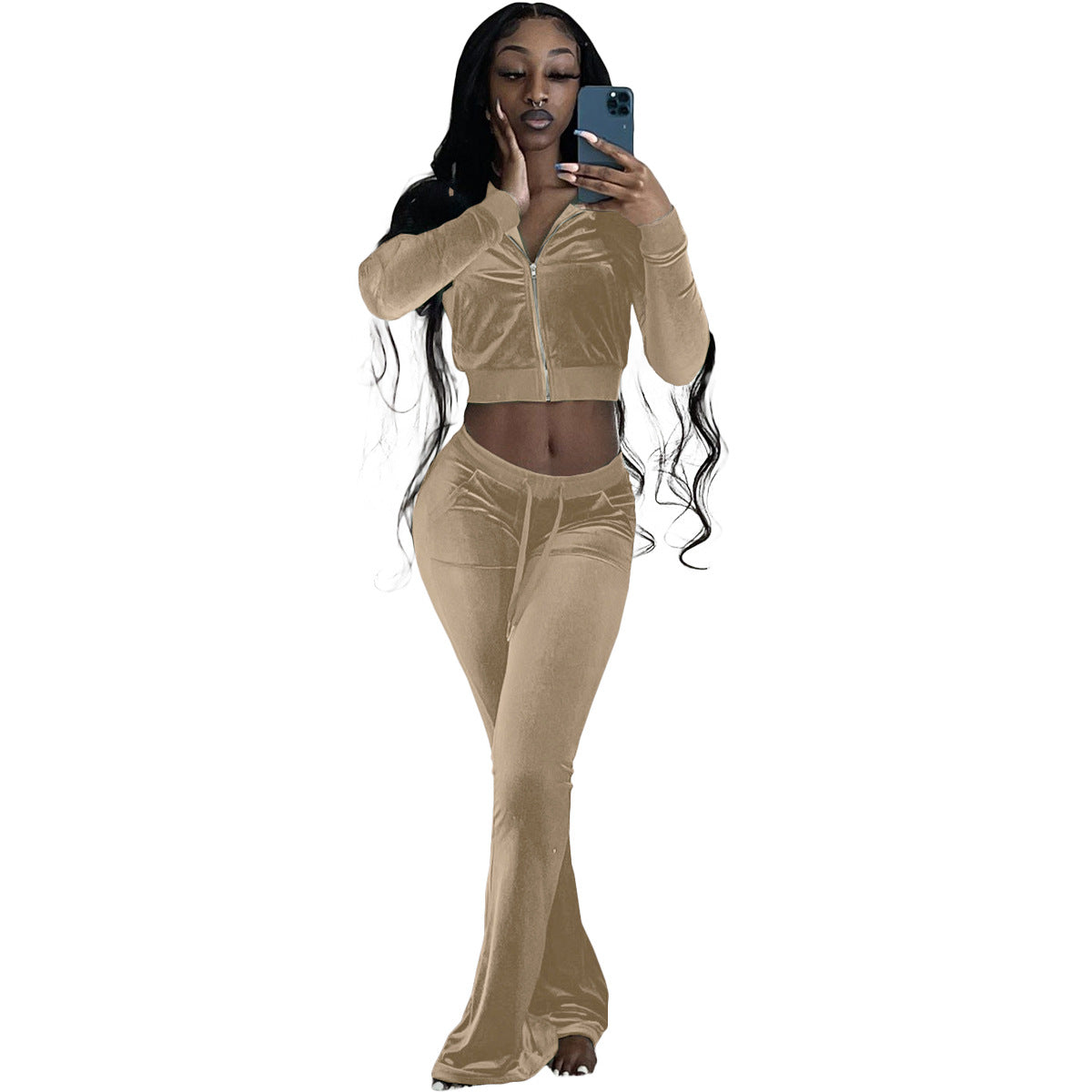 Women Clothing Two-Piece Korean Velvet Solid Color Long Sleeve Sexy cropped Casual Sports Suit