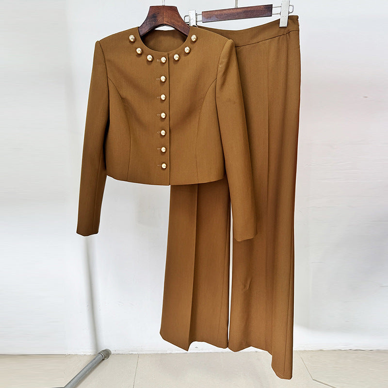 Round Neck Simple Buttons Decorative Short Coat Long Sleeved Two Piece Set