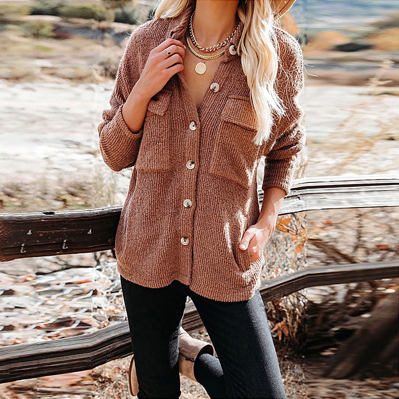 New Autumn Winter Shacket Solid Color Loose Corduroy Pocket Long Sleeve Outerwear