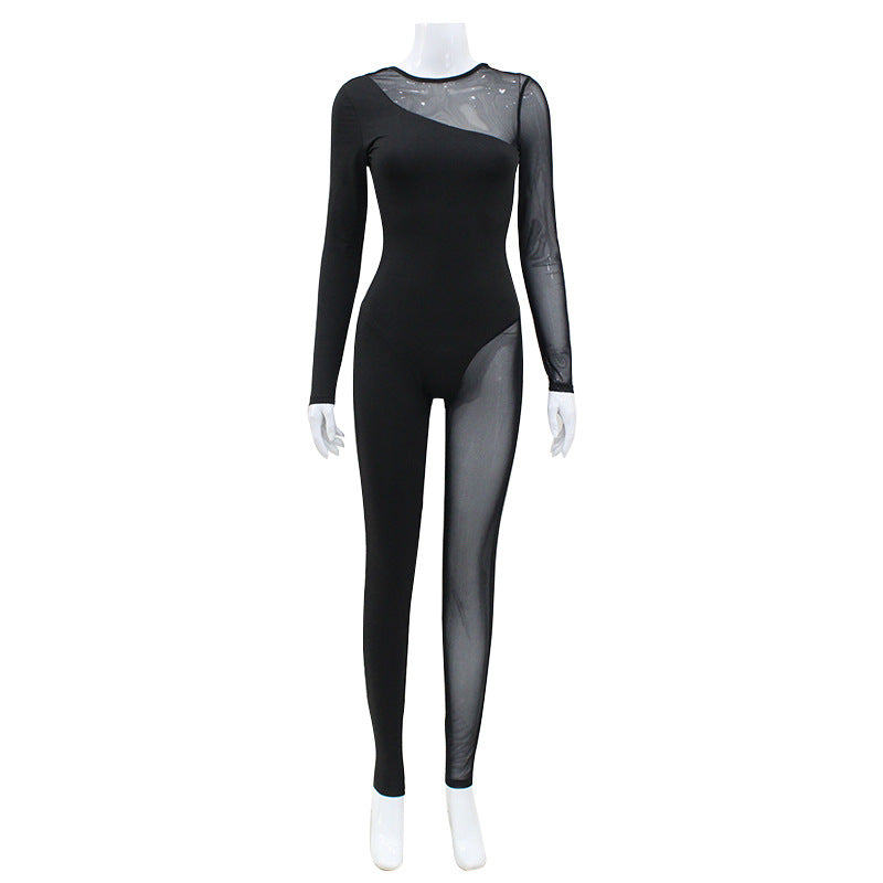 Round Neck Long Sleeve Mesh Irregular Asymmetric Stitching Street Long Jumpsuit Women