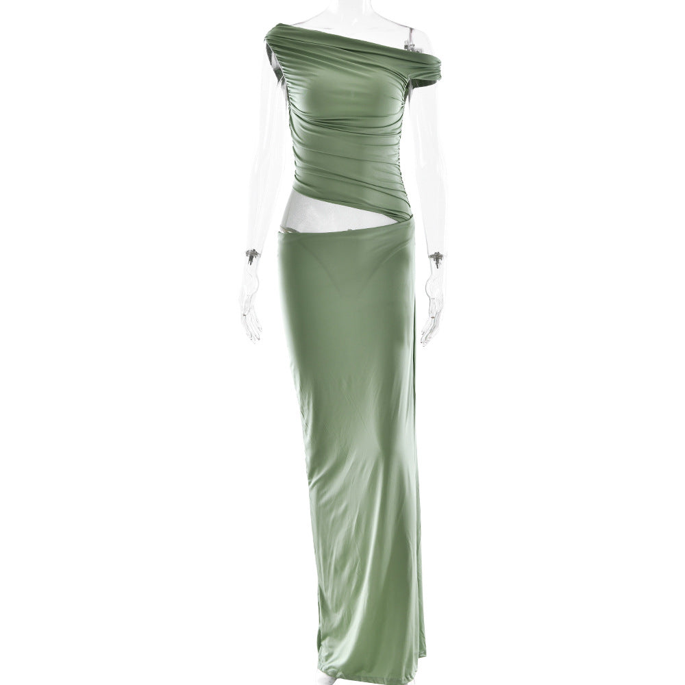 Summer Pleated Women Dress Sexy Sexy One Shoulder Waist Baring Slim Fit Dress