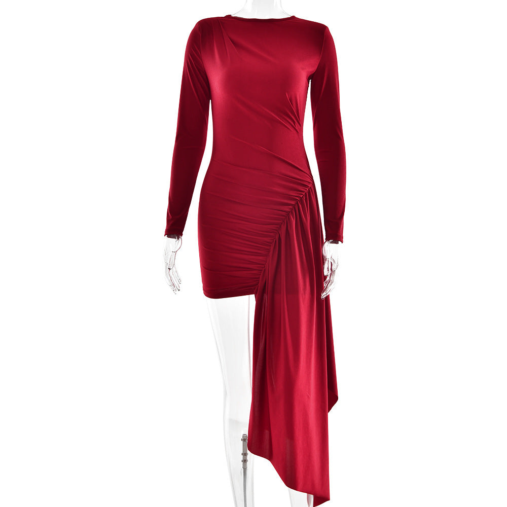 Women Dress Sexy round Neck Long Sleeved Pleated Ribbon Slim Fit Sheath Dress
