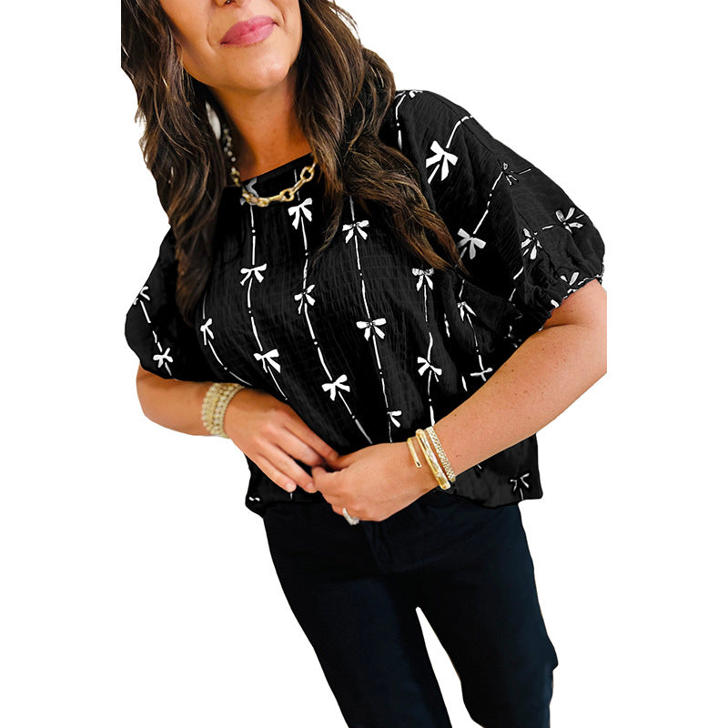 Summer Pullover round Neck Short Sleeve Top Women Sweet Bow Print Chiffon Shirt Women