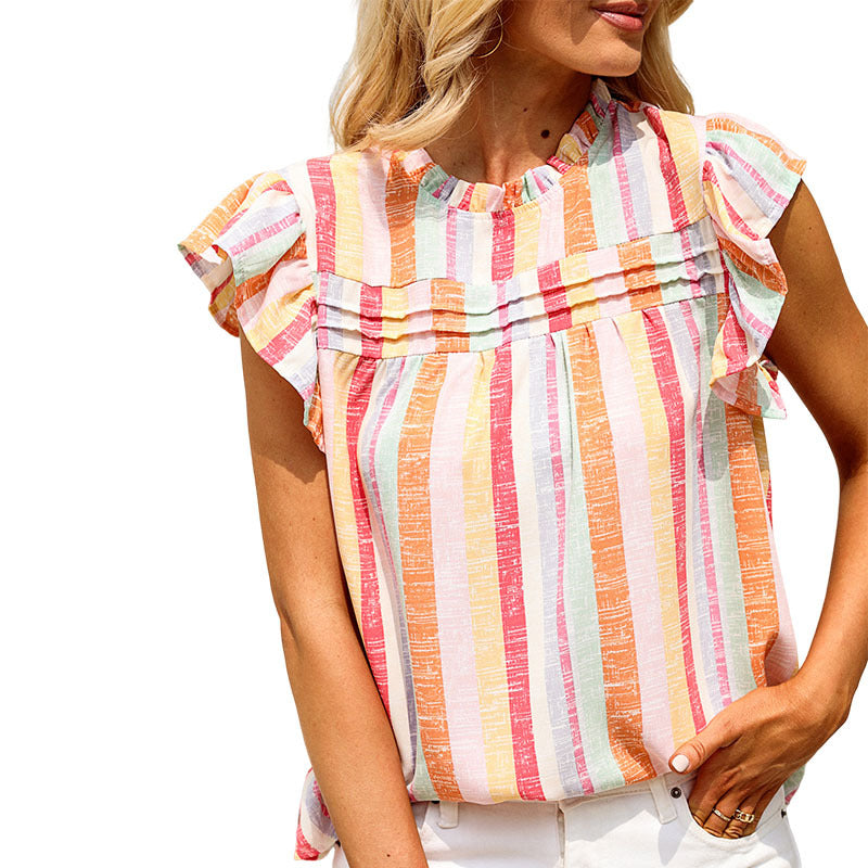 Multi Color Stripe Color Block Frill Round Neck Sleeveless Top Women Summer Camisole