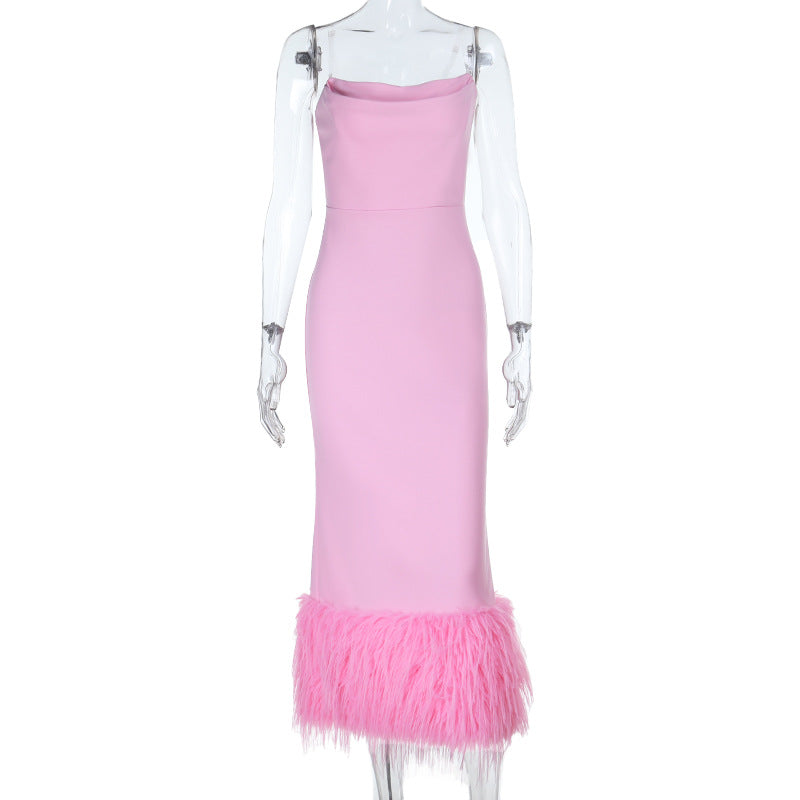 Autumn Solid Color Stitching Sexy Slim Tube Top Furry Party Sling Dress