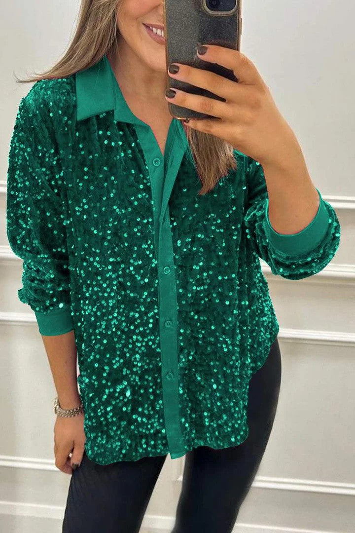 Autumn Winter Long Sleeve Loose Casual Sequin Shirt