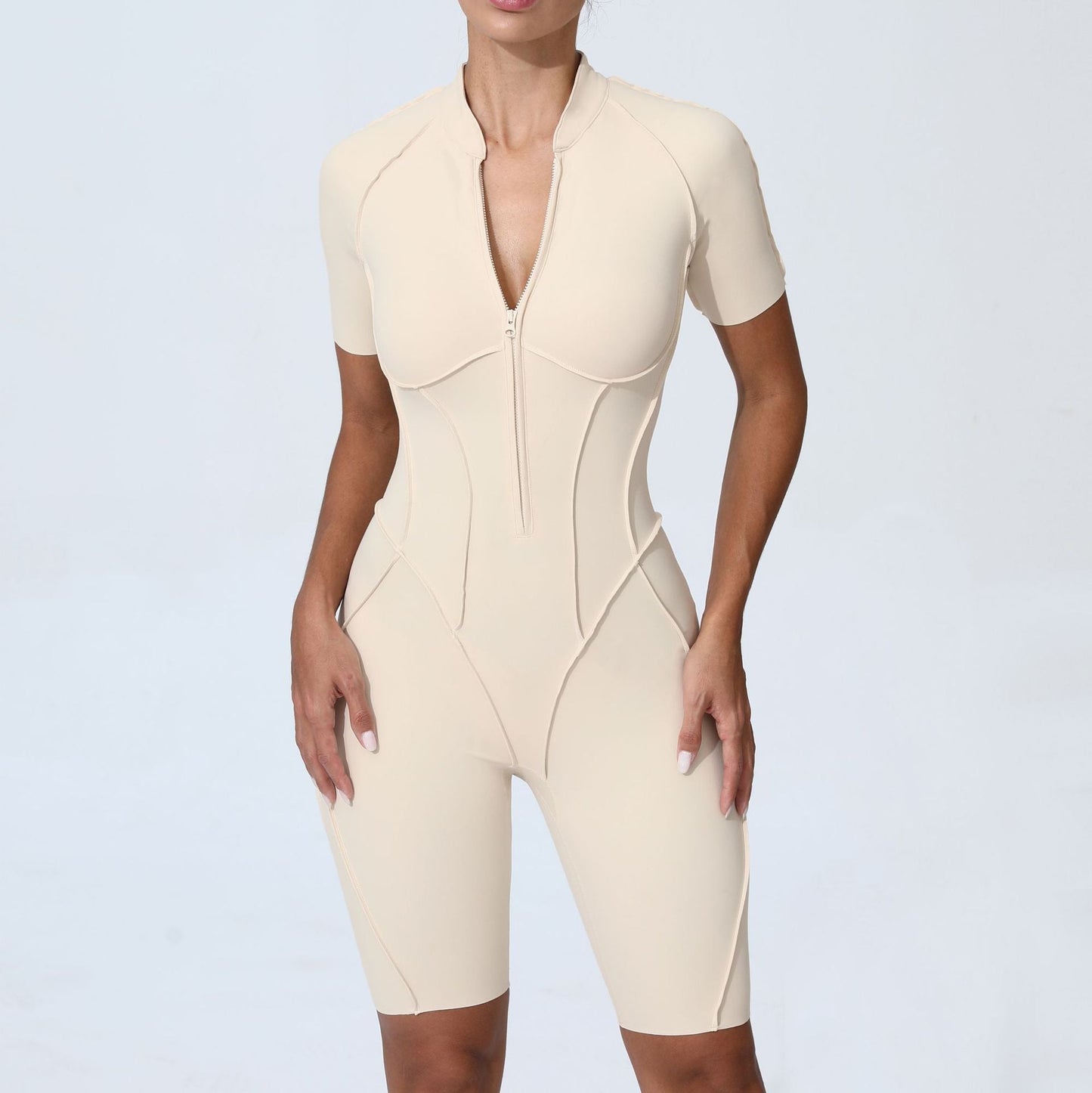 No Chest Pad Fitness Tight Sports One Piece Set Zipper Short Sleeve Yoga Jumpsuit