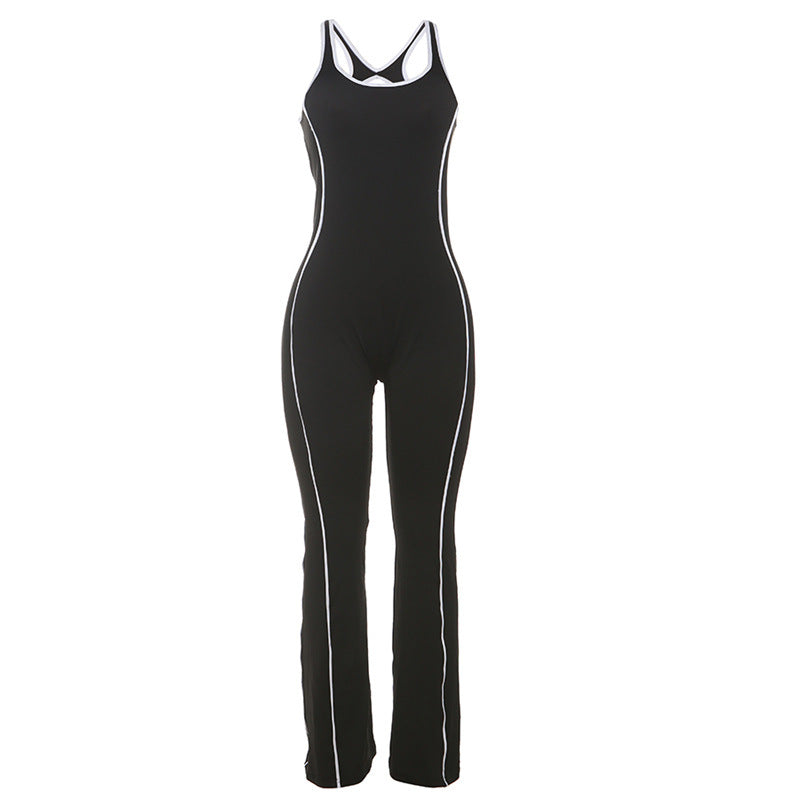 Summer Backless Tight Contrast Color Slim Fit Hip Lifting Yoga Casual Jumpsuit for Women