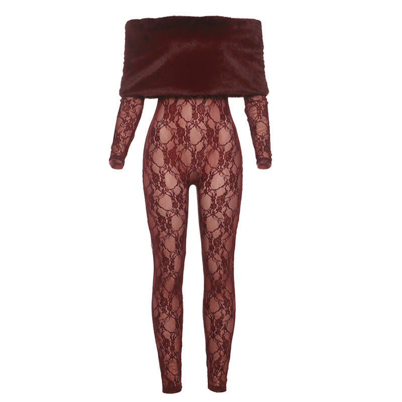 Winter Women Clothing Sexy off the Shoulder Furry Slim Fit Patchwork Jumpsuit Women