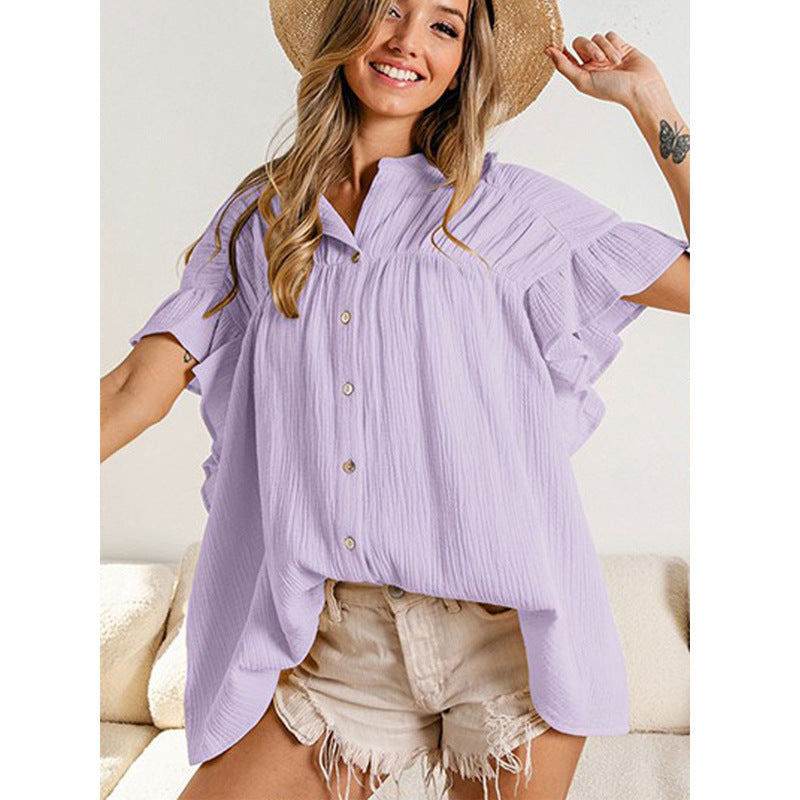 Summer Women Clothing Stand Collar Wooden Ear Sleeve Pleated Top