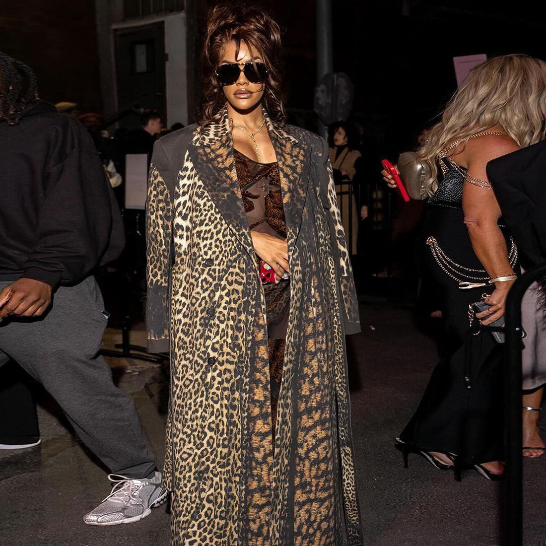 Autumn Winter Women Clothing Collared Print Leopard Print Long Casual Bandage Trench Coat