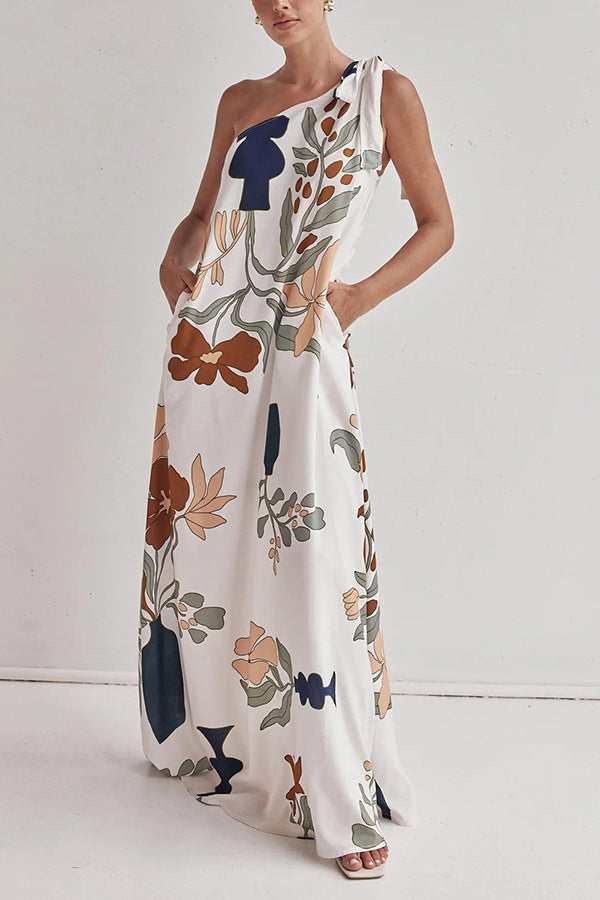 Spring Summer Oblique Shoulder Printed Pocket Dress Casual Loose Vacation Dress