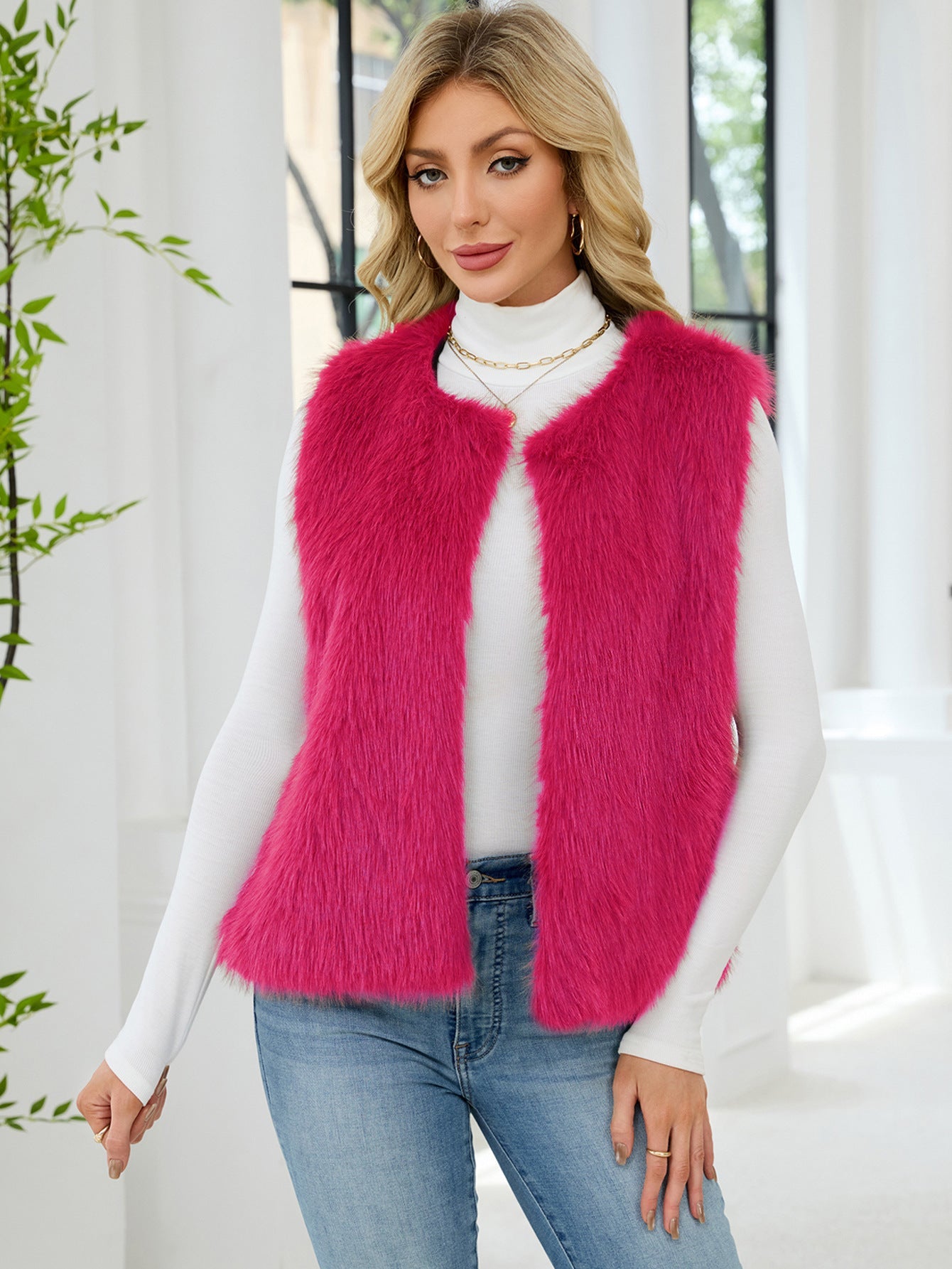 Women Clothing Faux Fur V neck Vest Coat Sleeveless Vest