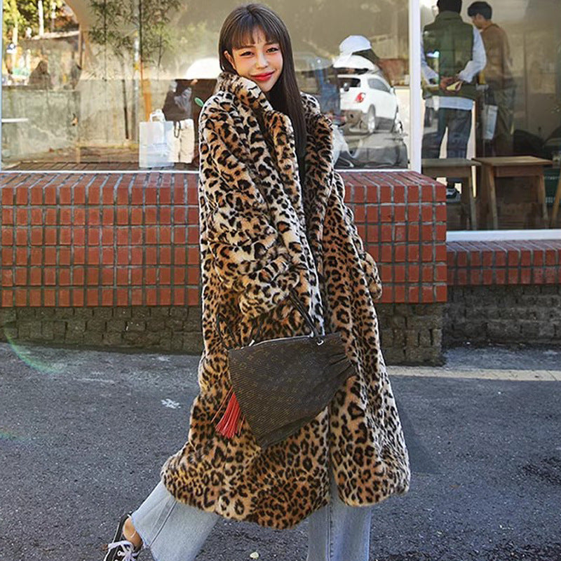 Long Faux Fur Coat Women Leopard Fur Coat Thickened Fleece