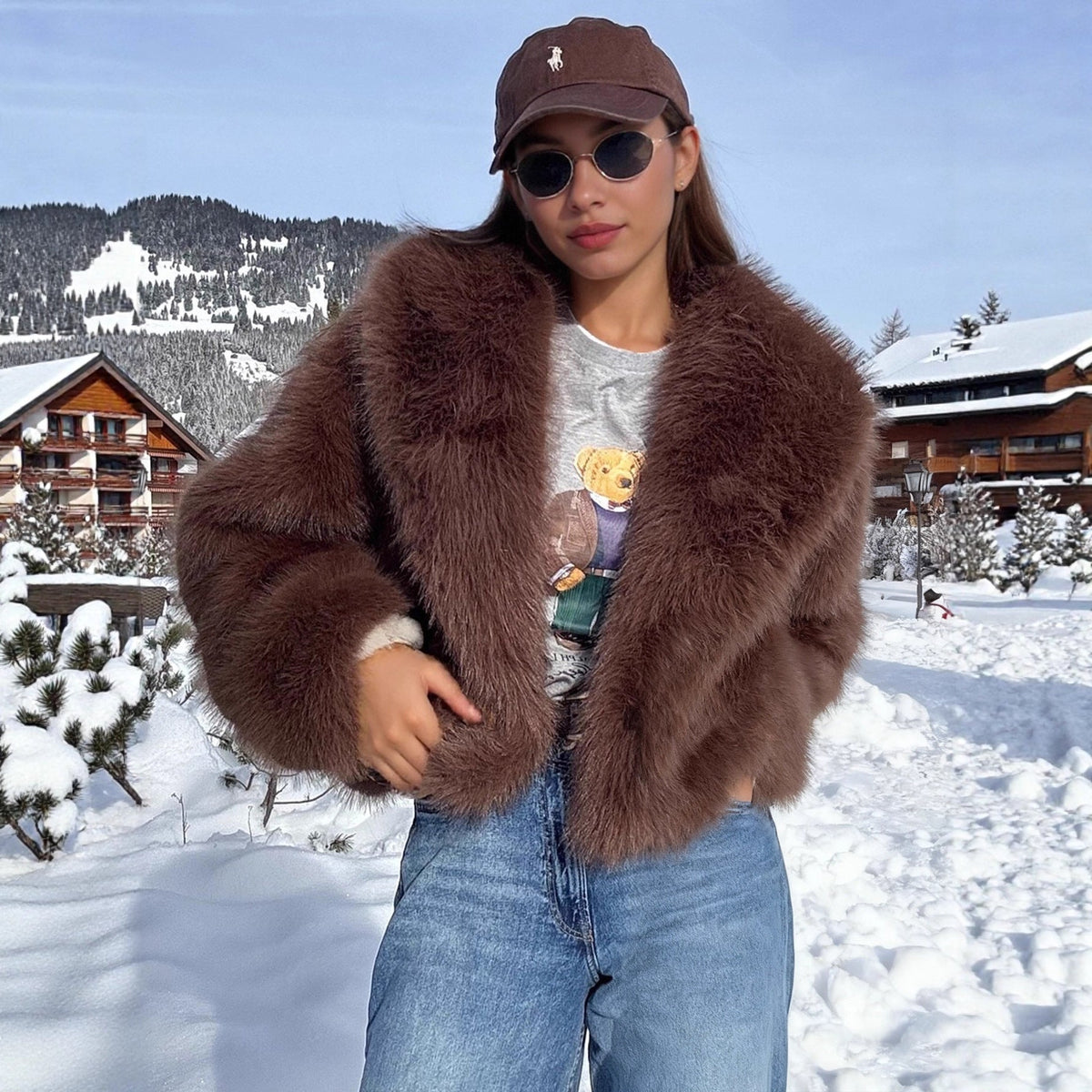 Autumn Winter Women Clothing Idle Collared Thickening Faux Fur Effect Plush Environmental Protection Fur Overcoat Coat