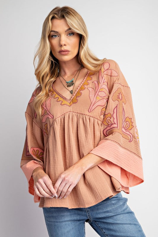 Spring Summer Women Clothing V neck Stitching Flare Sleeve T shirt Contrast Color Loose Top for Women