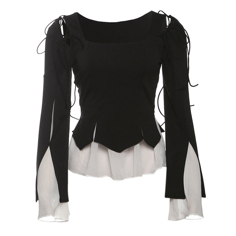 Autumn Winter Women Clothing Cool Contrast Color Slim Fit Sexy Cutout Lace up Long Sleeve Top Women