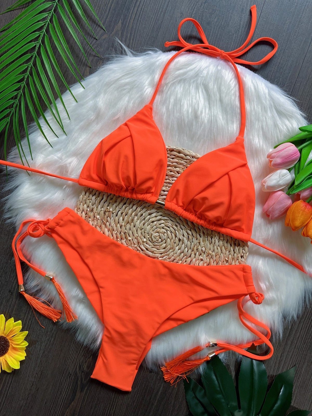 Tassel Solid Color Bikini Swimsuit Set Beach Sexy Women Swimsuit