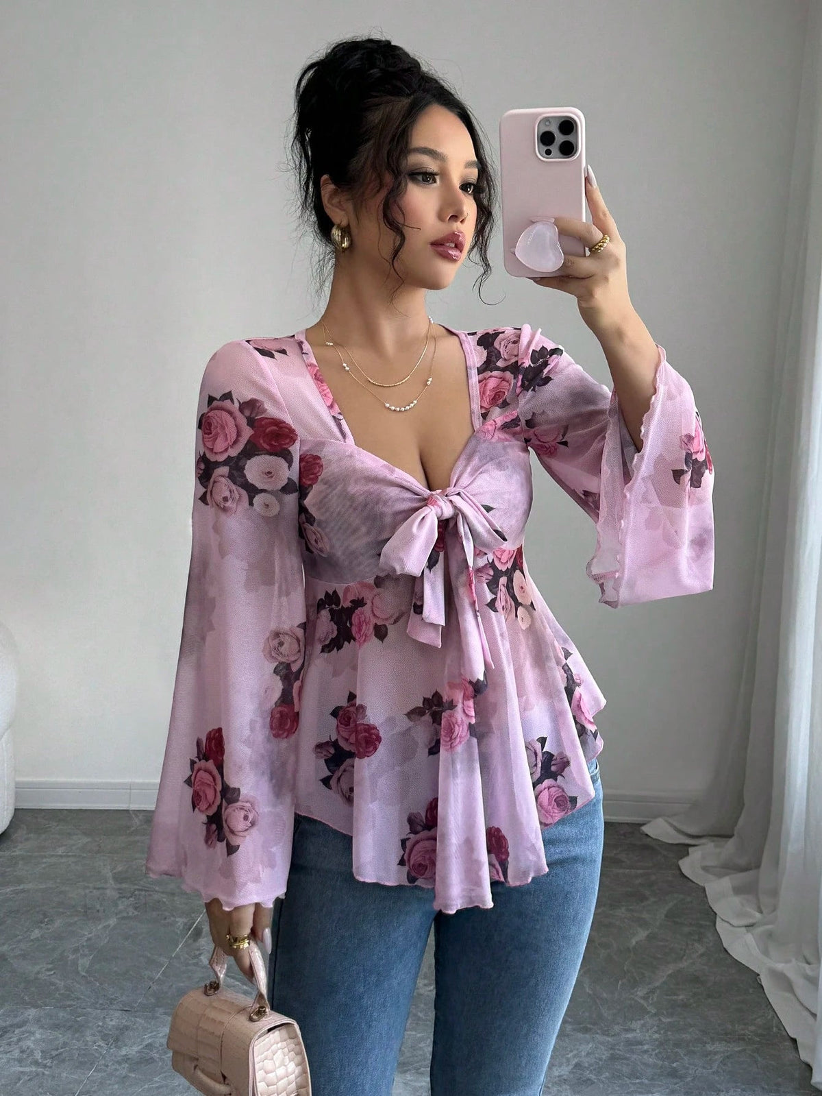 French Sweet Floral Blooming Lace up Square Collar Long Sleeve Shirt