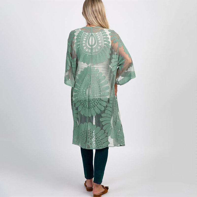Lace Sunfower Embroidered Beach Cover-up Sexy Cardigan Outer Sunscreen Beach Cover Up