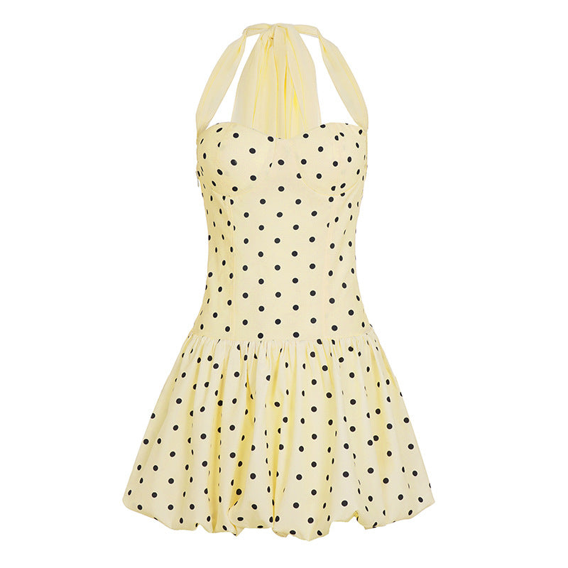 Classic Elegant Polka Dot Ribbon Halter Dress Women Waist Controlled Vacation Bud Short Dress