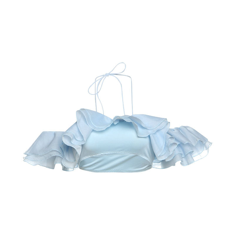 Summer Women Clothing Sexy Halter Cropped Wrapped Chest Split Lace Sleeve Solid Color Top