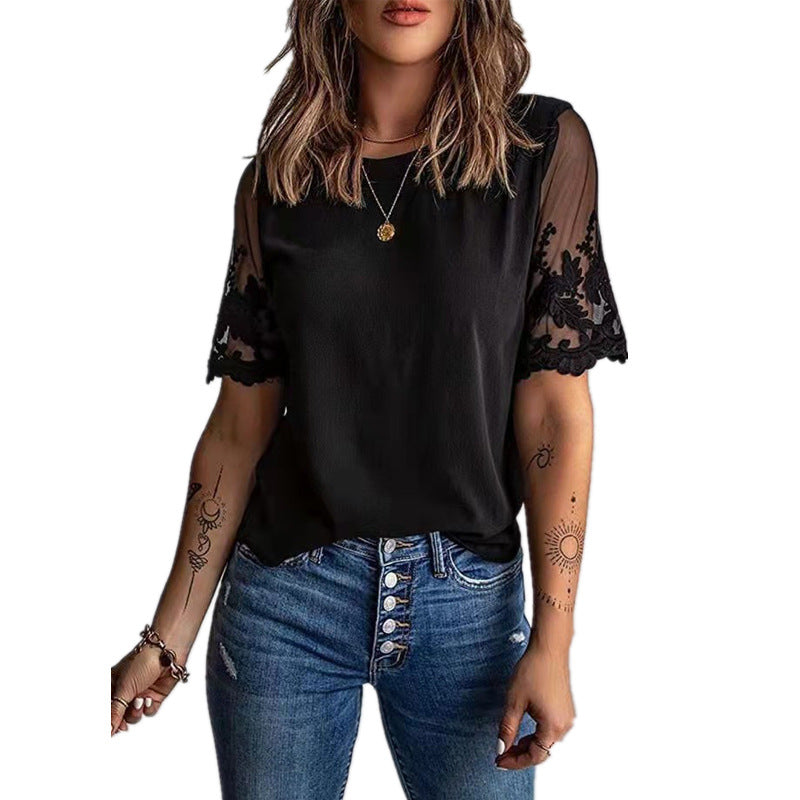 Summer Women round Neck Short Sleeve Top Lace Chiffon Shirt