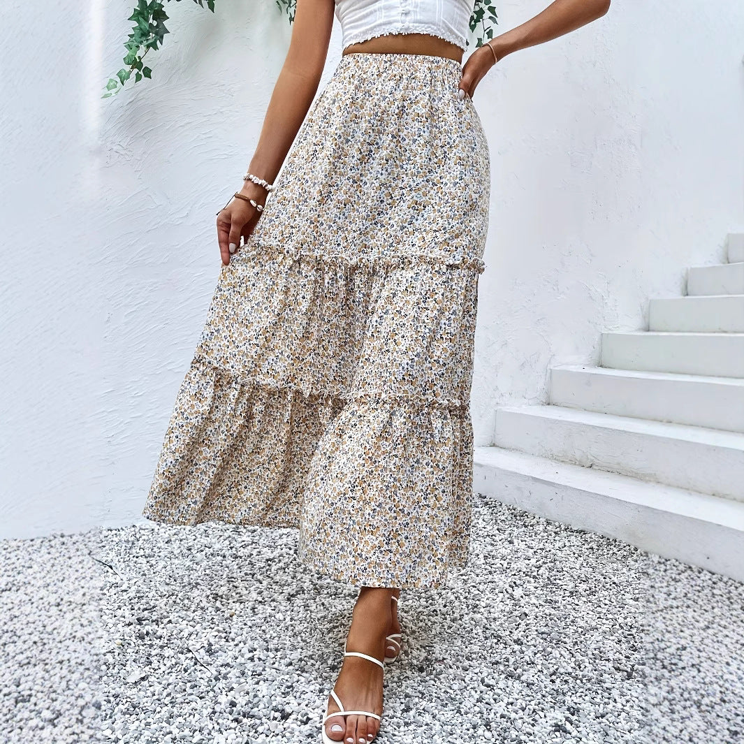Popular Floral Casual Women Elastic Waist Long Skirt
