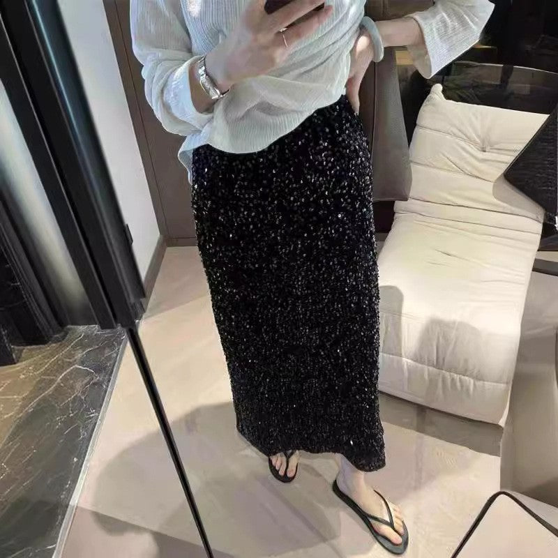 High Waist Slimming Sequined Skirt Women Elastic Waist Back Slit Elastic Straight Long Skirt