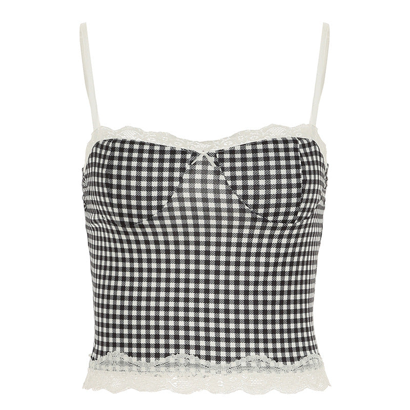 Spring Summer Women Clothing Plaid Stitching Lace Sling Bell Bottom Pants Street Two Piece Set