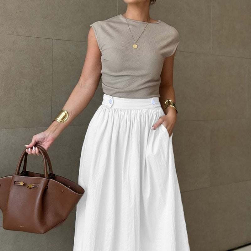 Autumn Winter Women Clothing Women Solid Color Waist Tight Slimming Large Hem All-Match Cotton Linen Skirt