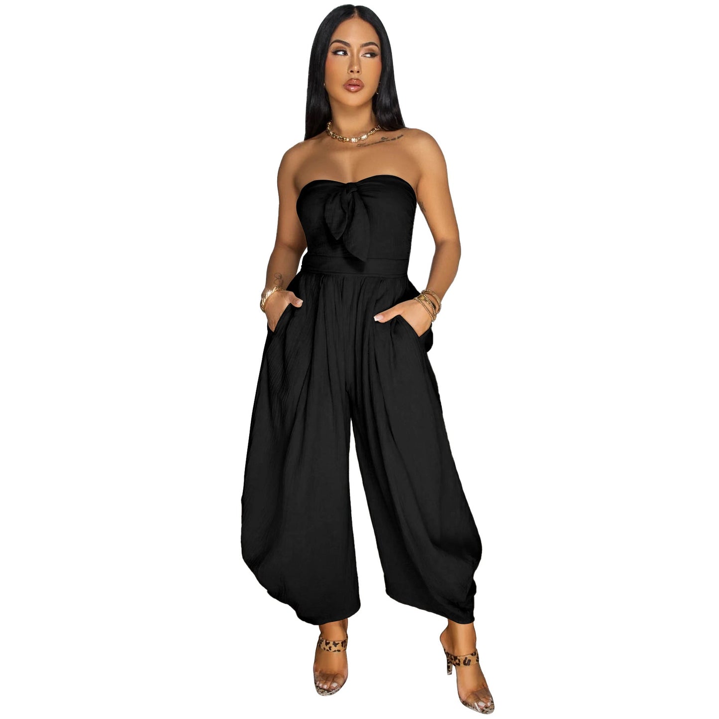 Women Summer Sexy Wrapped Chest Collar Solid Color Jumpsuit