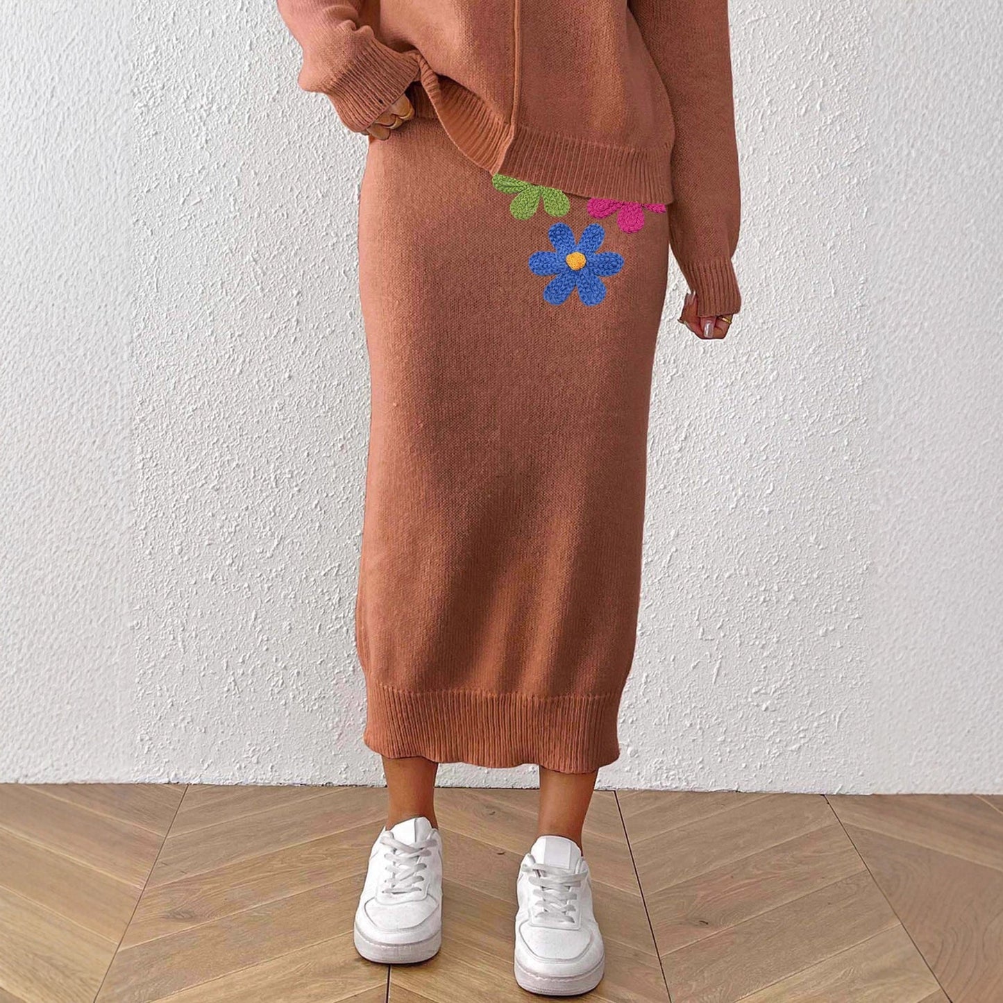 Women Clothing Mid Length Elegant Skirt Embroidered Floral Stitching Woolen Skirt