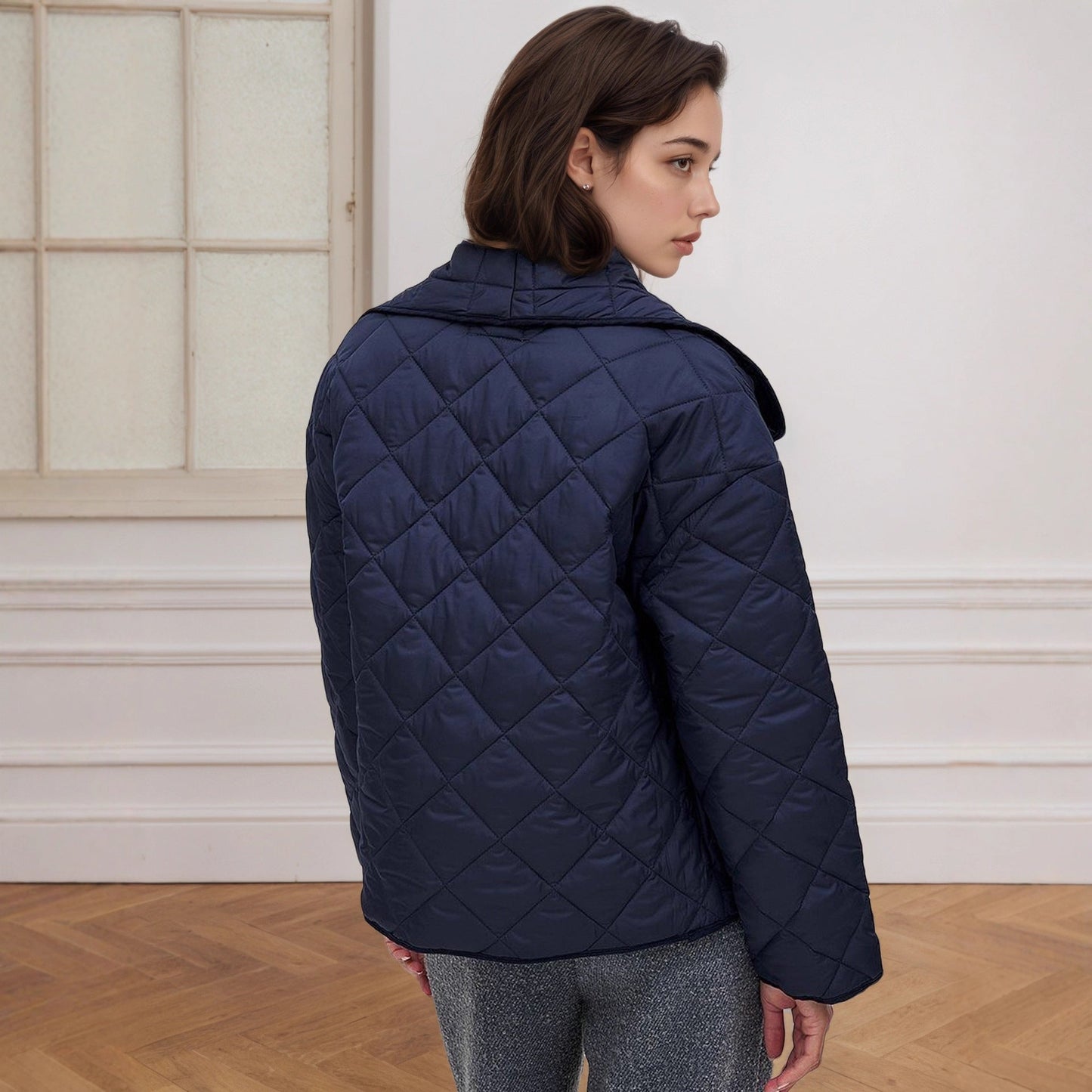 Women Large Collared Sapphire Blue Tone with Rhombic Quilted Short Loose Design Cotton Padded Coat