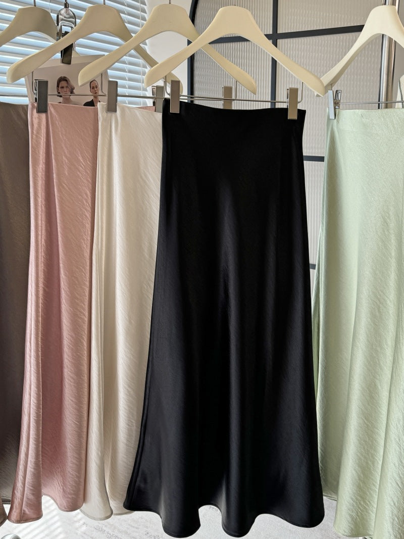 Acetate Satin Fishtail Skirt Women Simple Graceful Drooping Slimming Sheath A line Mid Length Skirt