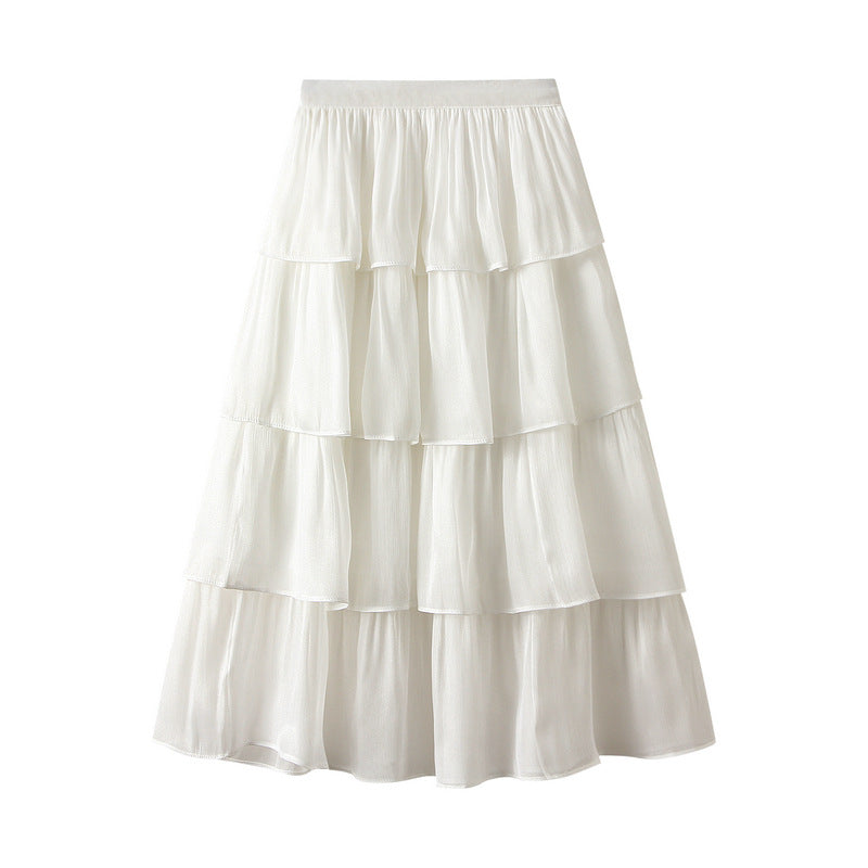 Spring Summer Fresh Casual All-Match Flow Glossy Fabric Tiered Dress Mid Length Skirt Women