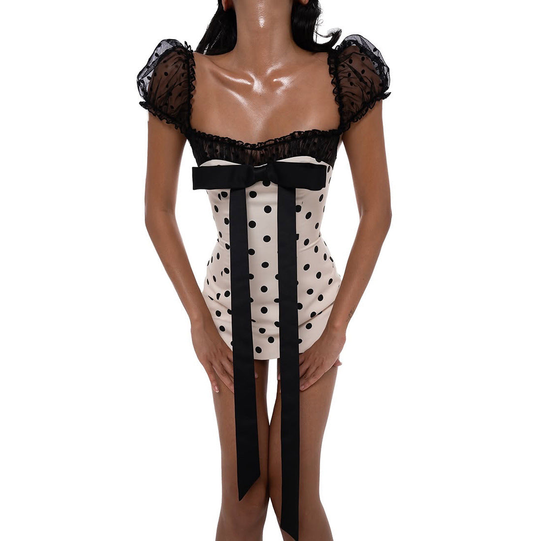 Summer Women Bow Polka Dot Short Sexy Lace Stitching Tight Waist Hip Dress