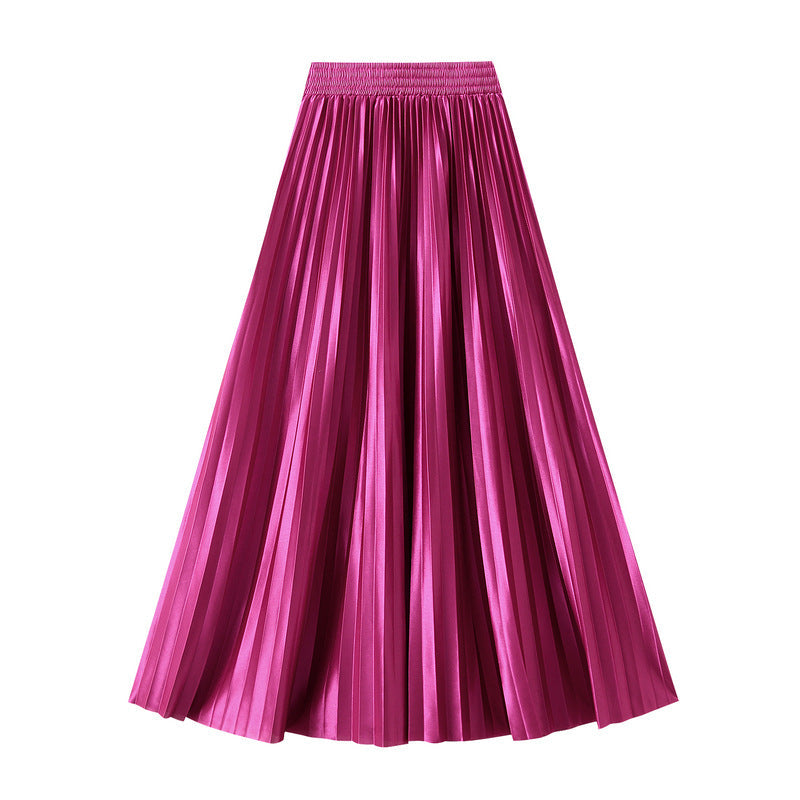 Slimming Spring Glossy Glossy High Waist Pleated A line Slimming Long Skirt Women Skirt